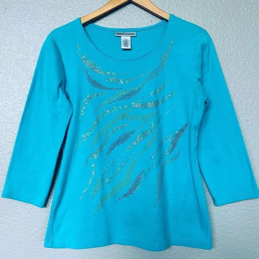Rebecca Malone Silver Studded 3/4 Sleeve Turquoise Blue Knit Top S